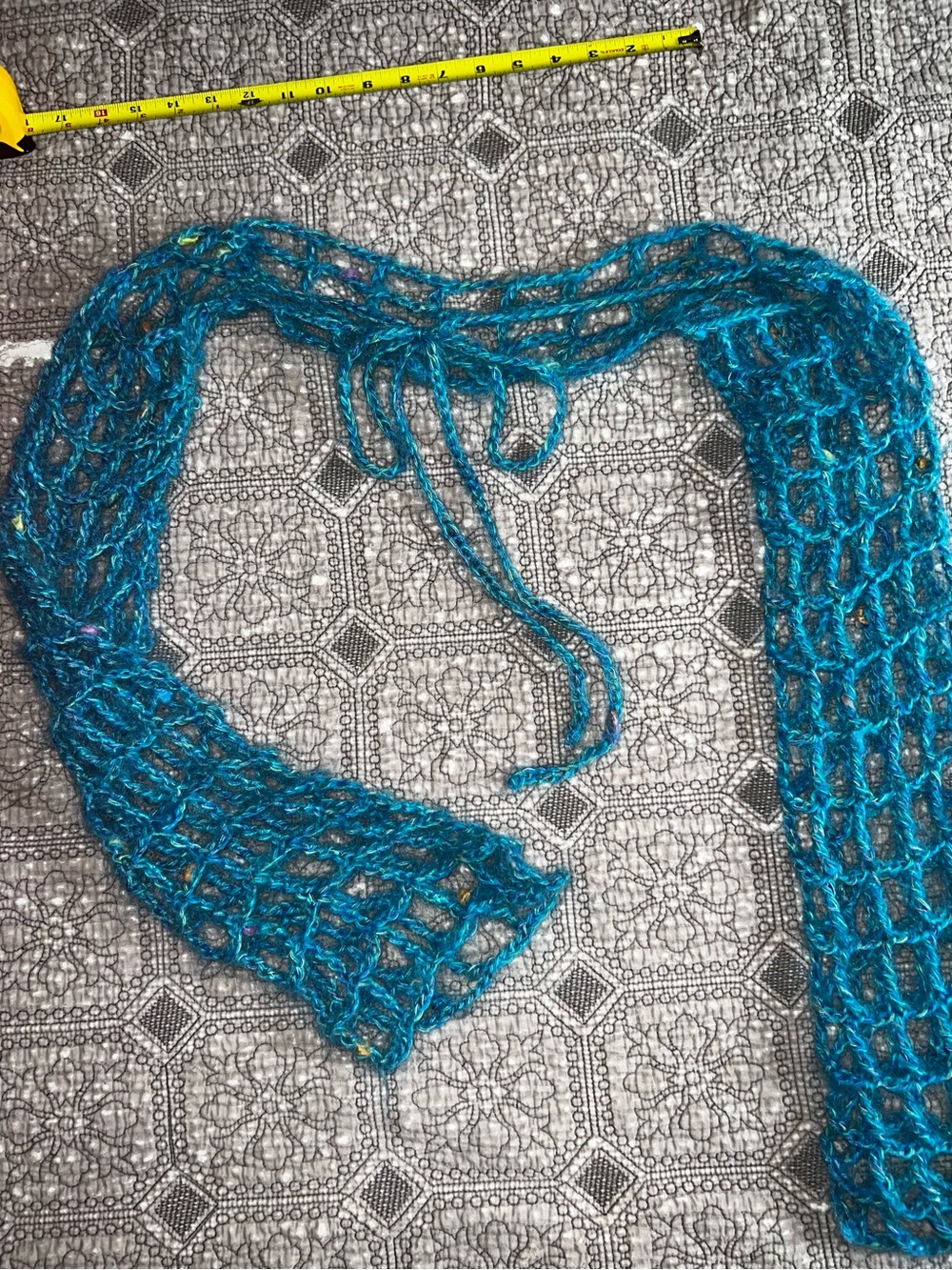 Blue green crocheted sweater sleeve mohair yarn